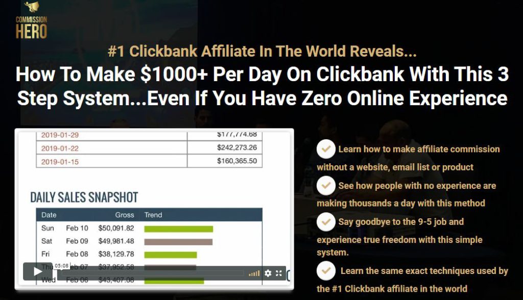 Commission Hero Review – A $997 Scam or a $1000 Income per Day?- ommission Hero Homepage